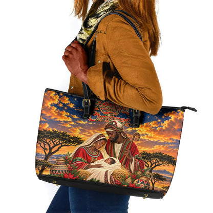 Kenya Christmas African Holy Family Leather Tote Bag Savanna Sunset Baby Jesus