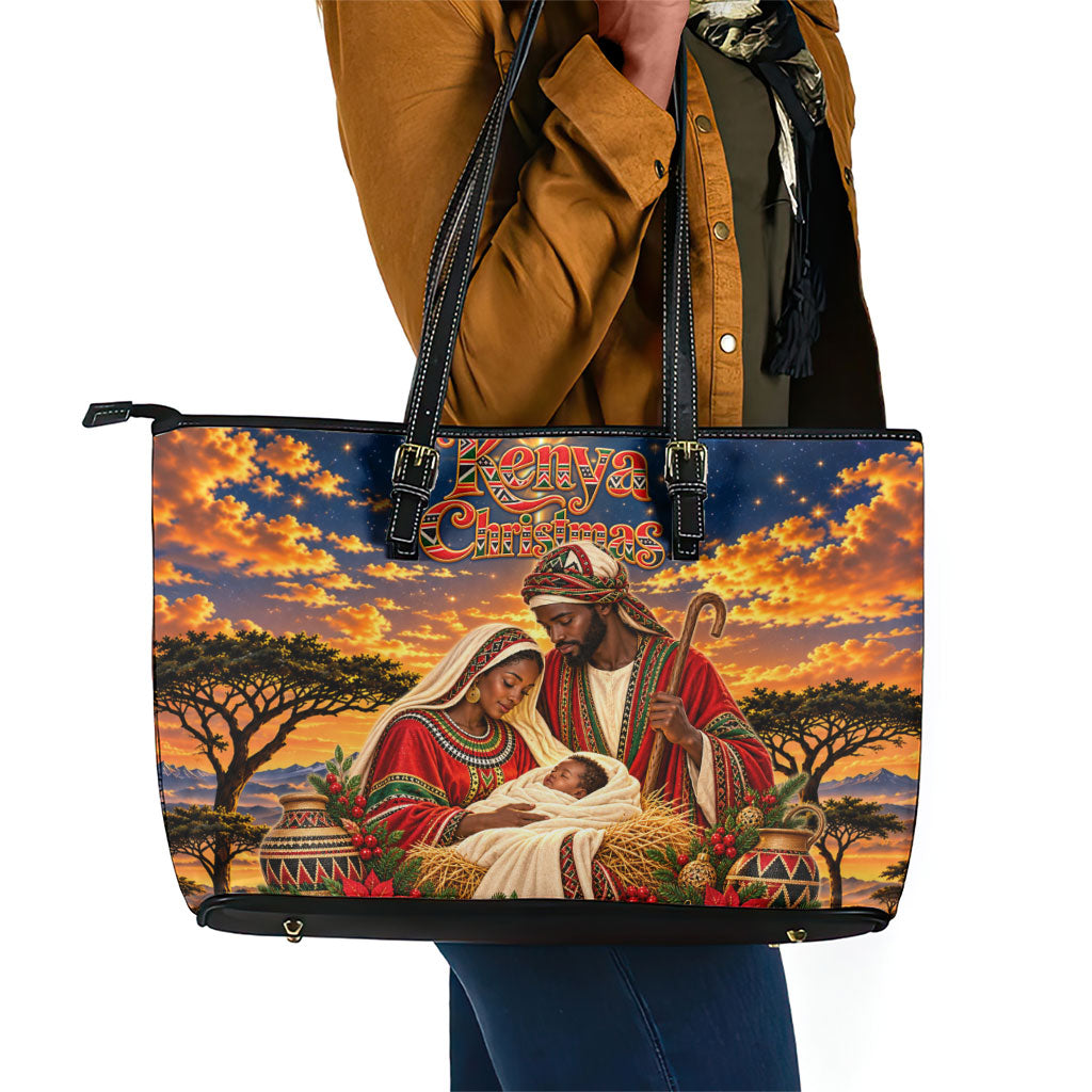 Kenya Christmas African Holy Family Leather Tote Bag Savanna Sunset Baby Jesus