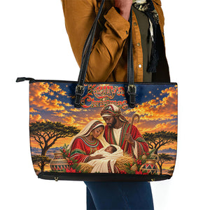 Kenya Christmas African Holy Family Leather Tote Bag Savanna Sunset Baby Jesus