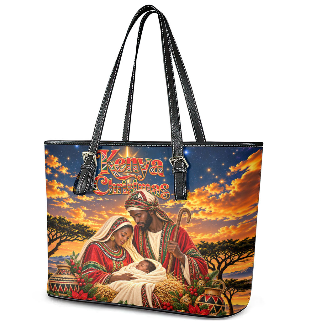 Kenya Christmas African Holy Family Leather Tote Bag Savanna Sunset Baby Jesus