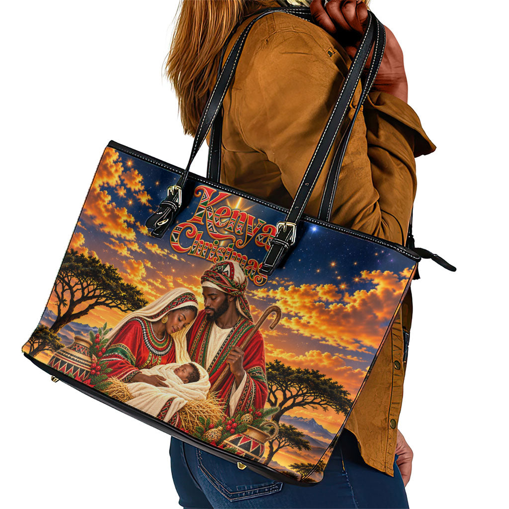 Kenya Christmas African Holy Family Leather Tote Bag Savanna Sunset Baby Jesus