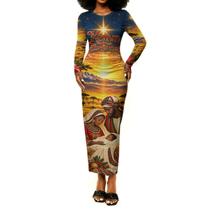 Kenya Christmas African Holy Family Long Sleeve Bodycon Dress Savanna Sunset Baby Jesus