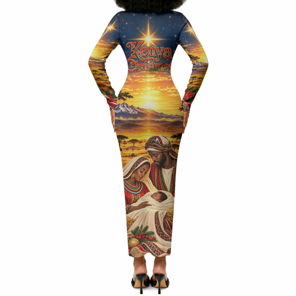 Kenya Christmas African Holy Family Long Sleeve Bodycon Dress Savanna Sunset Baby Jesus