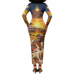 Kenya Christmas African Holy Family Long Sleeve Bodycon Dress Savanna Sunset Baby Jesus