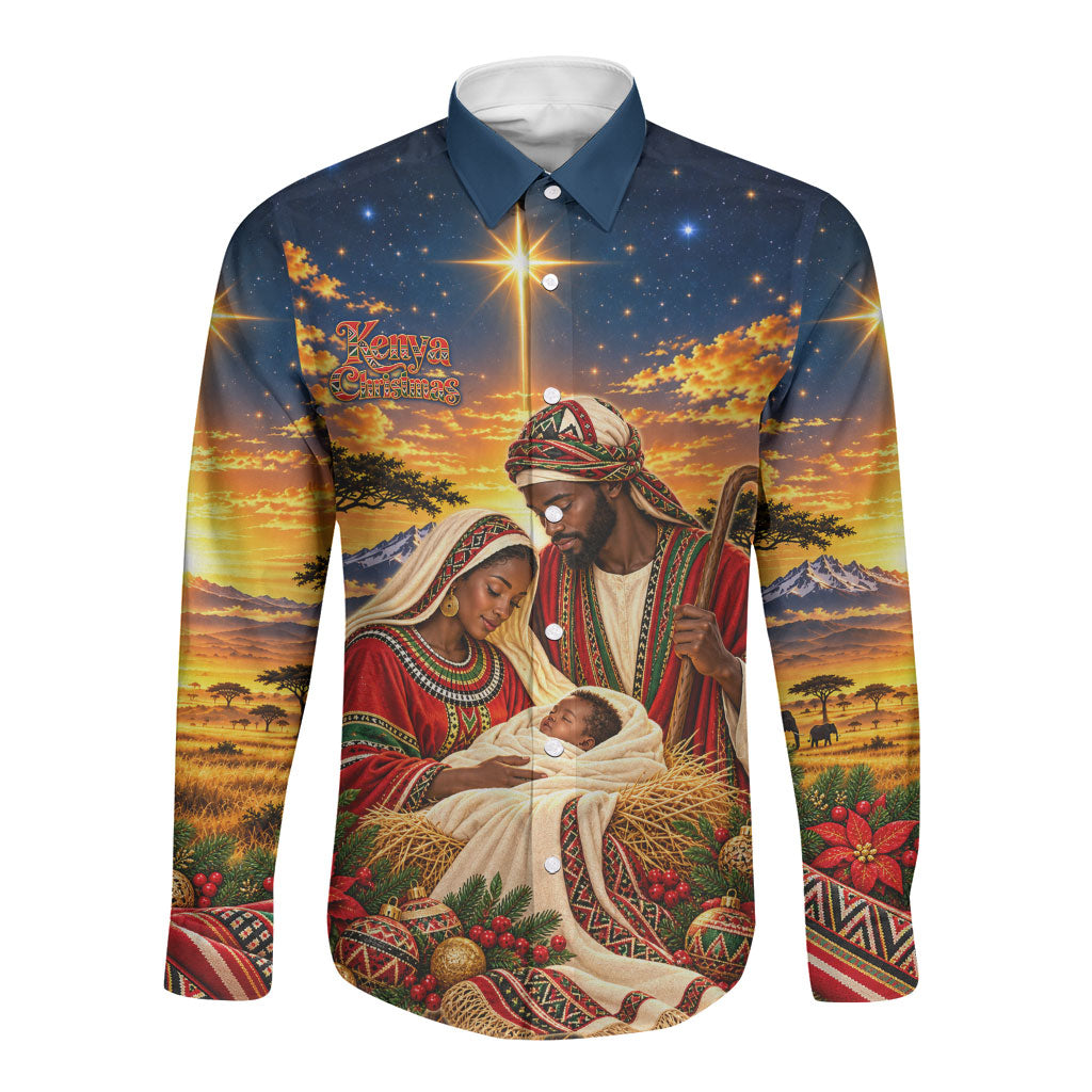 Kenya Christmas African Holy Family Long Sleeve Button Shirt Savanna Sunset Baby Jesus