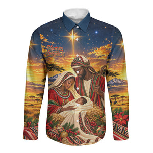 Kenya Christmas African Holy Family Long Sleeve Button Shirt Savanna Sunset Baby Jesus