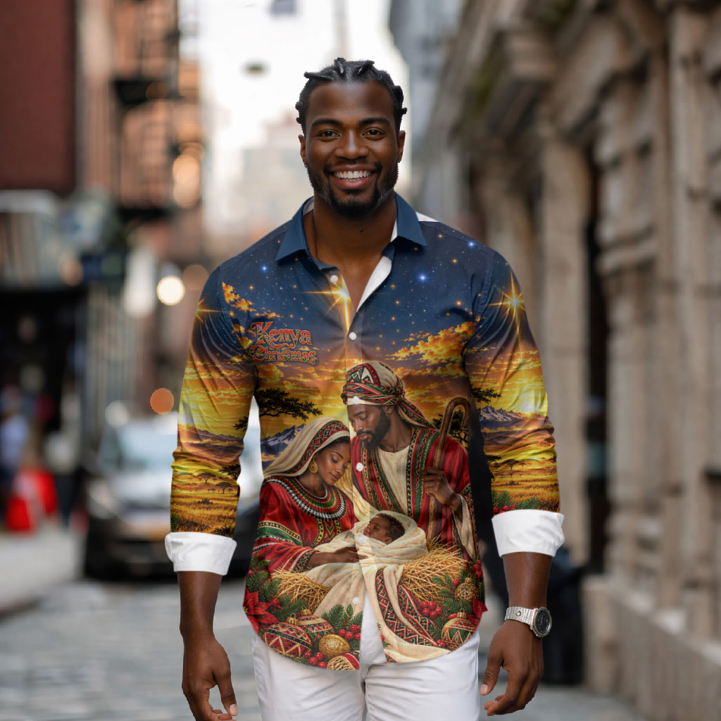 Kenya Christmas African Holy Family Long Sleeve Button Shirt Savanna Sunset Baby Jesus