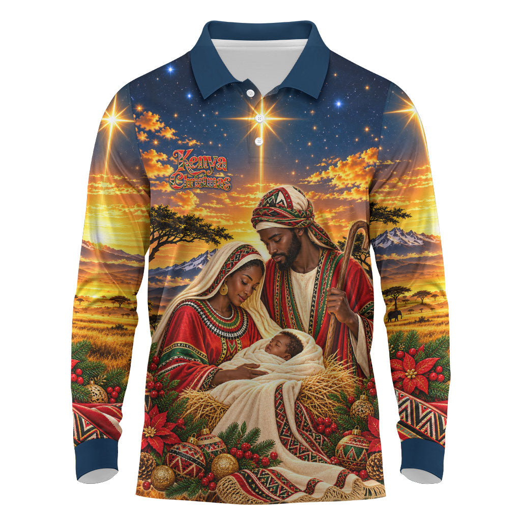 Kenya Christmas African Holy Family Long Sleeve Polo Shirt Savanna Sunset Baby Jesus