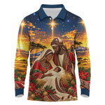 Kenya Christmas African Holy Family Long Sleeve Polo Shirt Savanna Sunset Baby Jesus