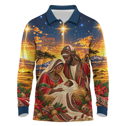 Kenya Christmas African Holy Family Long Sleeve Polo Shirt Savanna Sunset Baby Jesus