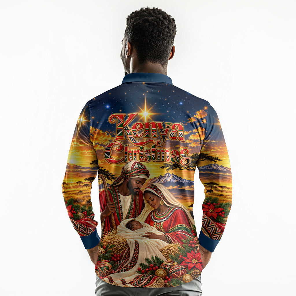 Kenya Christmas African Holy Family Long Sleeve Polo Shirt Savanna Sunset Baby Jesus