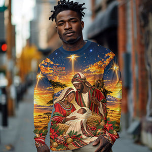 Kenya Christmas African Holy Family Long Sleeve Shirt Savanna Sunset Baby Jesus