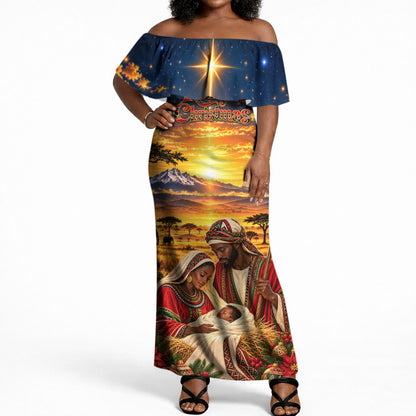 Kenya Christmas African Holy Family Off Shoulder Maxi Dress Savanna Sunset Baby Jesus