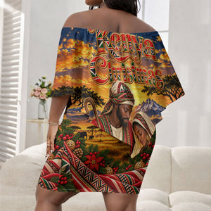 Kenya Christmas African Holy Family Off Shoulder Short Dress Savanna Sunset Baby Jesus