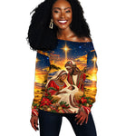 Kenya Christmas African Holy Family Off Shoulder Sweater Savanna Sunset Baby Jesus