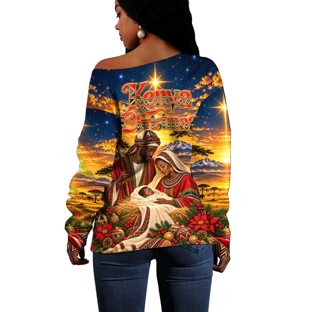 Kenya Christmas African Holy Family Off Shoulder Sweater Savanna Sunset Baby Jesus