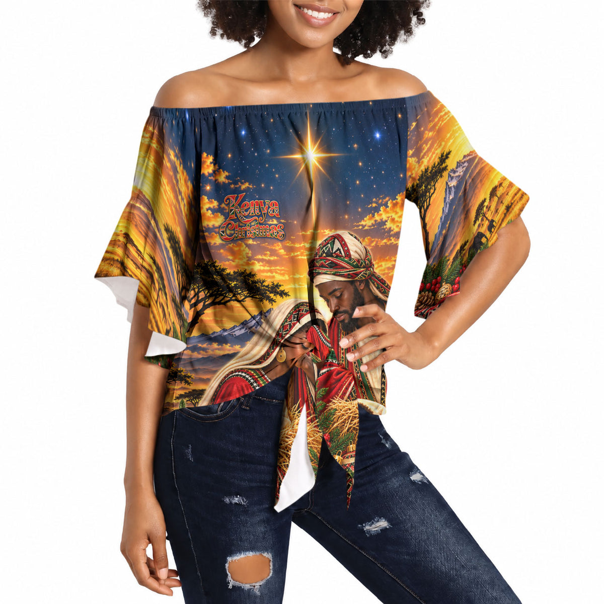 Kenya Christmas African Holy Family Off Shoulder Wrap Waist Top Savanna Sunset Baby Jesus