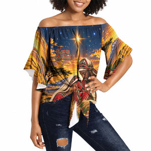 Kenya Christmas African Holy Family Off Shoulder Wrap Waist Top Savanna Sunset Baby Jesus