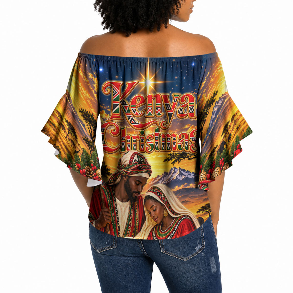 Kenya Christmas African Holy Family Off Shoulder Wrap Waist Top Savanna Sunset Baby Jesus