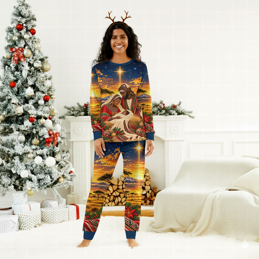 Kenya Christmas African Holy Family Christmas Pajama Set Savanna Sunset Baby Jesus