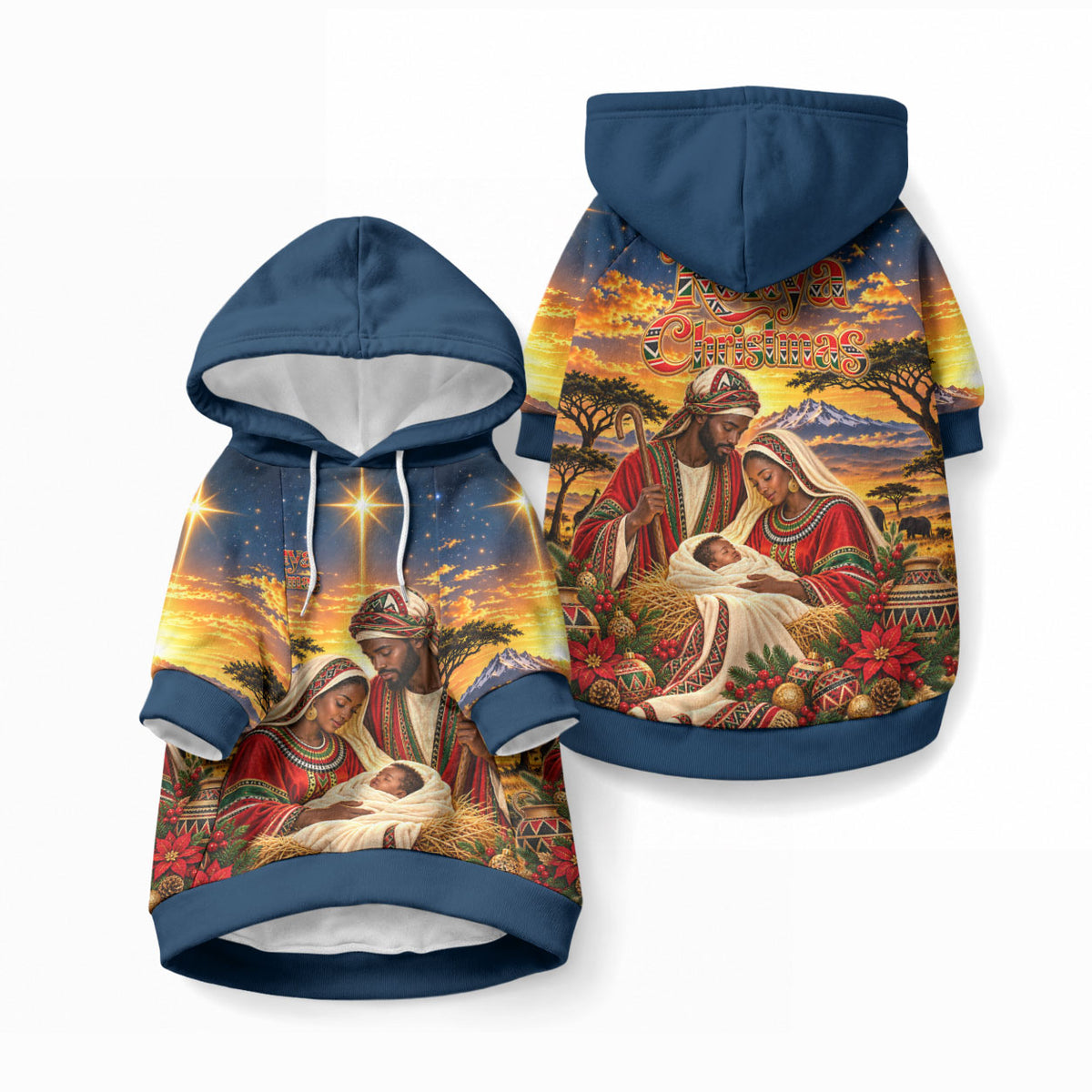 Kenya Christmas African Holy Family Pet Hoodie Savanna Sunset Baby Jesus