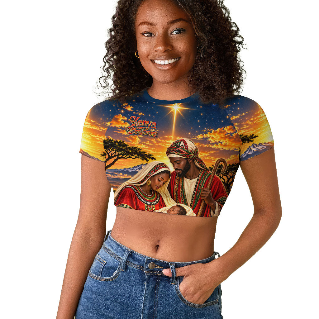 Kenya Christmas African Holy Family Raglan Cropped T shirt Savanna Sunset Baby Jesus