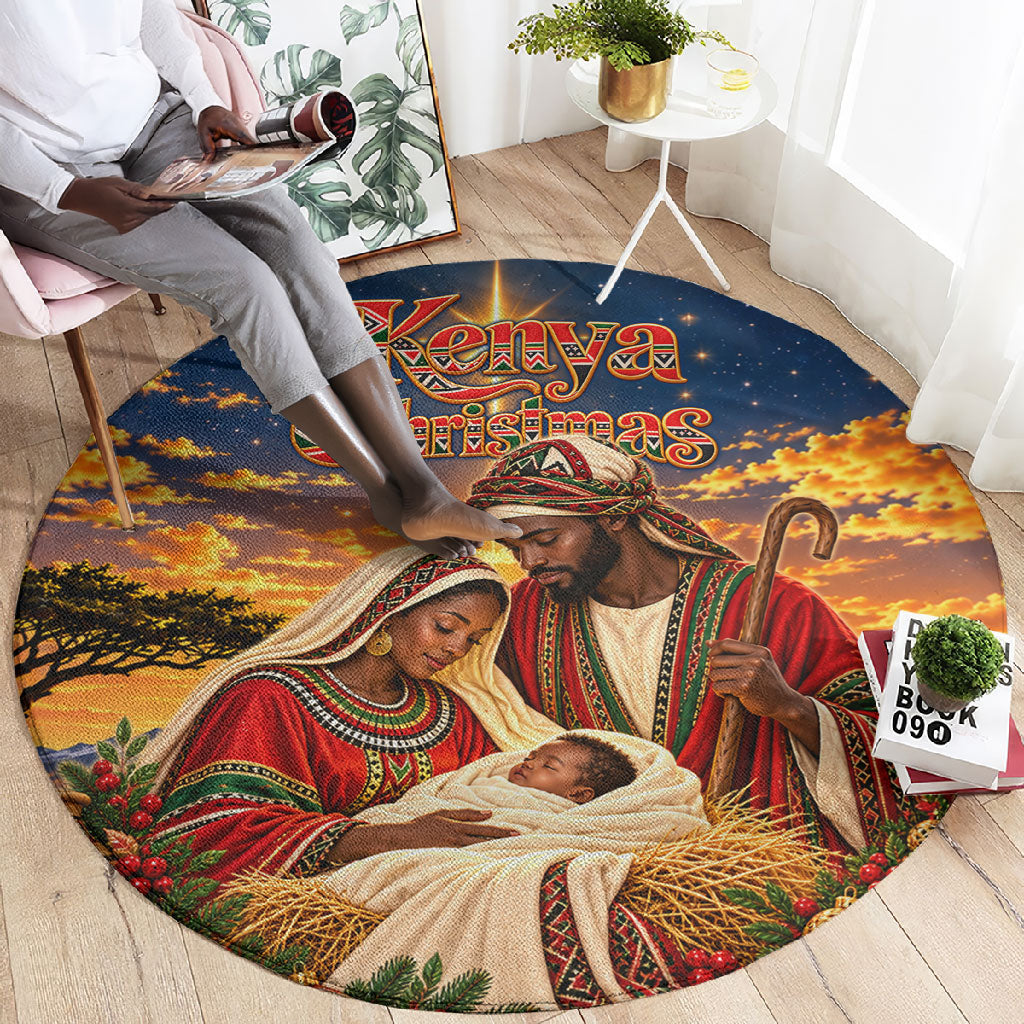 Kenya Christmas African Holy Family Round Carpet Savanna Sunset Baby Jesus