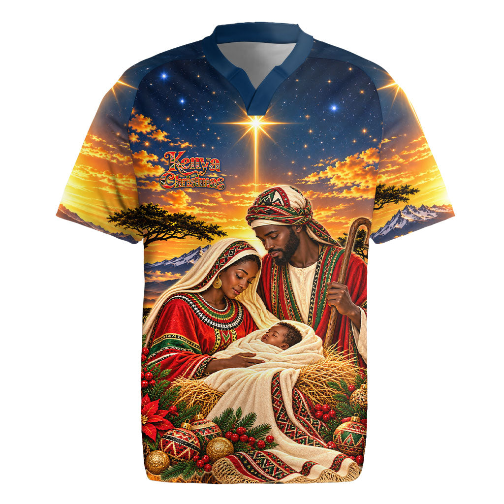Kenya Christmas African Holy Family Rugby Jersey Savanna Sunset Baby Jesus
