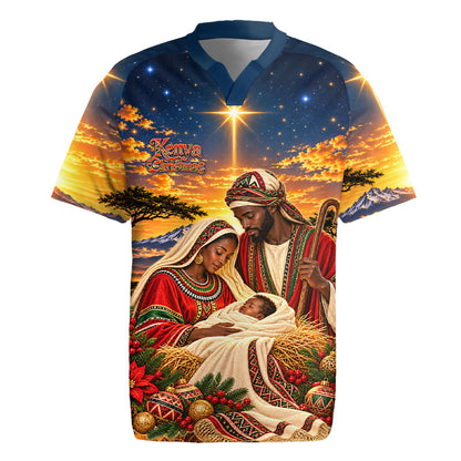 Kenya Christmas African Holy Family Rugby Jersey Savanna Sunset Baby Jesus