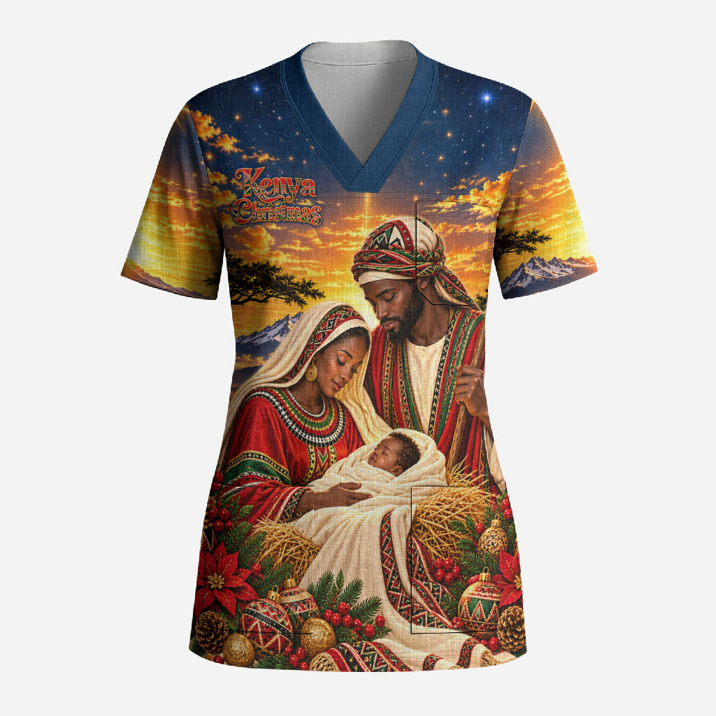 Kenya Christmas African Holy Family Scrub Top Savanna Sunset Baby Jesus