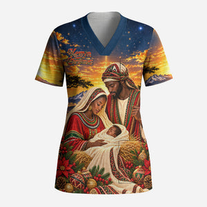 Kenya Christmas African Holy Family Scrub Top Savanna Sunset Baby Jesus