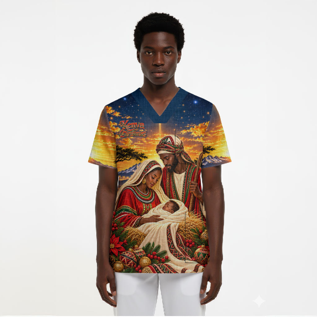 Kenya Christmas African Holy Family Scrub Top Savanna Sunset Baby Jesus