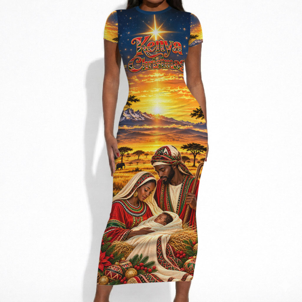 Kenya Christmas African Holy Family Short Sleeve Bodycon Dress Savanna Sunset Baby Jesus