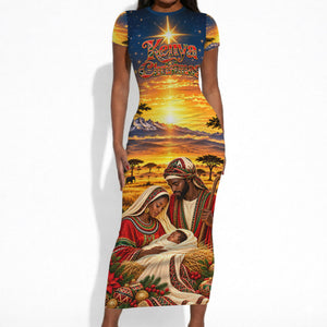 Kenya Christmas African Holy Family Short Sleeve Bodycon Dress Savanna Sunset Baby Jesus