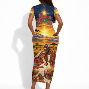 Kenya Christmas African Holy Family Short Sleeve Bodycon Dress Savanna Sunset Baby Jesus