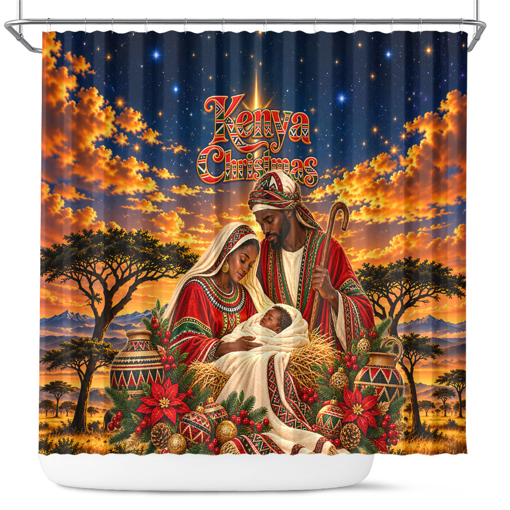 Kenya Christmas African Holy Family Shower Curtain Savanna Sunset Baby Jesus