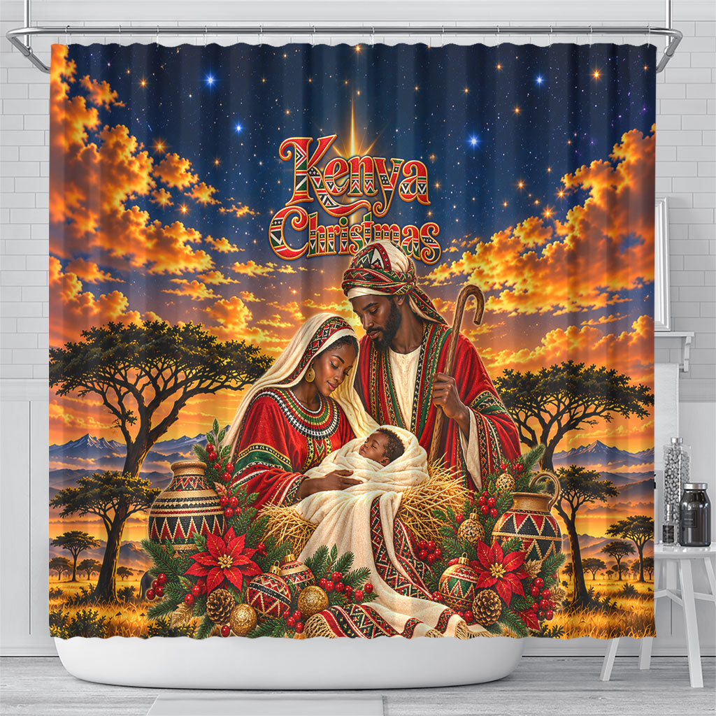 Kenya Christmas African Holy Family Shower Curtain Savanna Sunset Baby Jesus