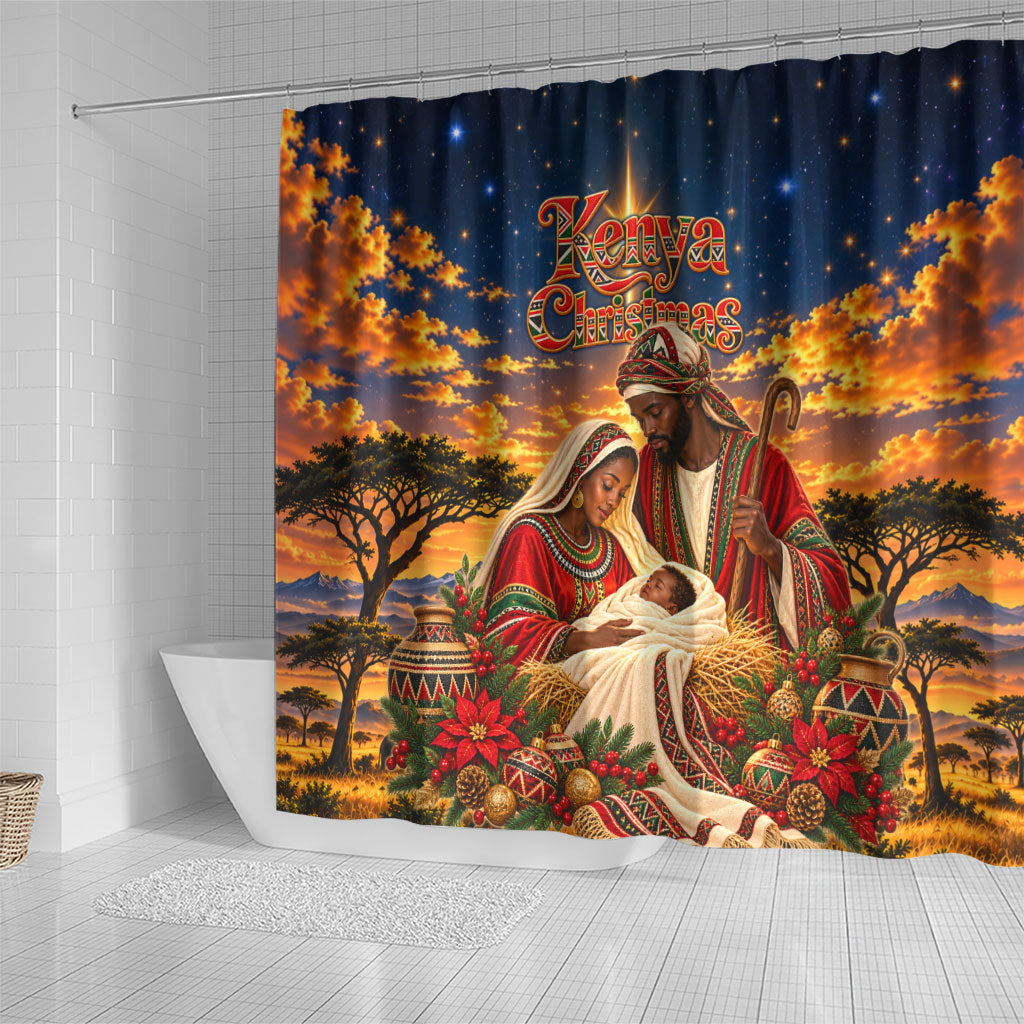 Kenya Christmas African Holy Family Shower Curtain Savanna Sunset Baby Jesus