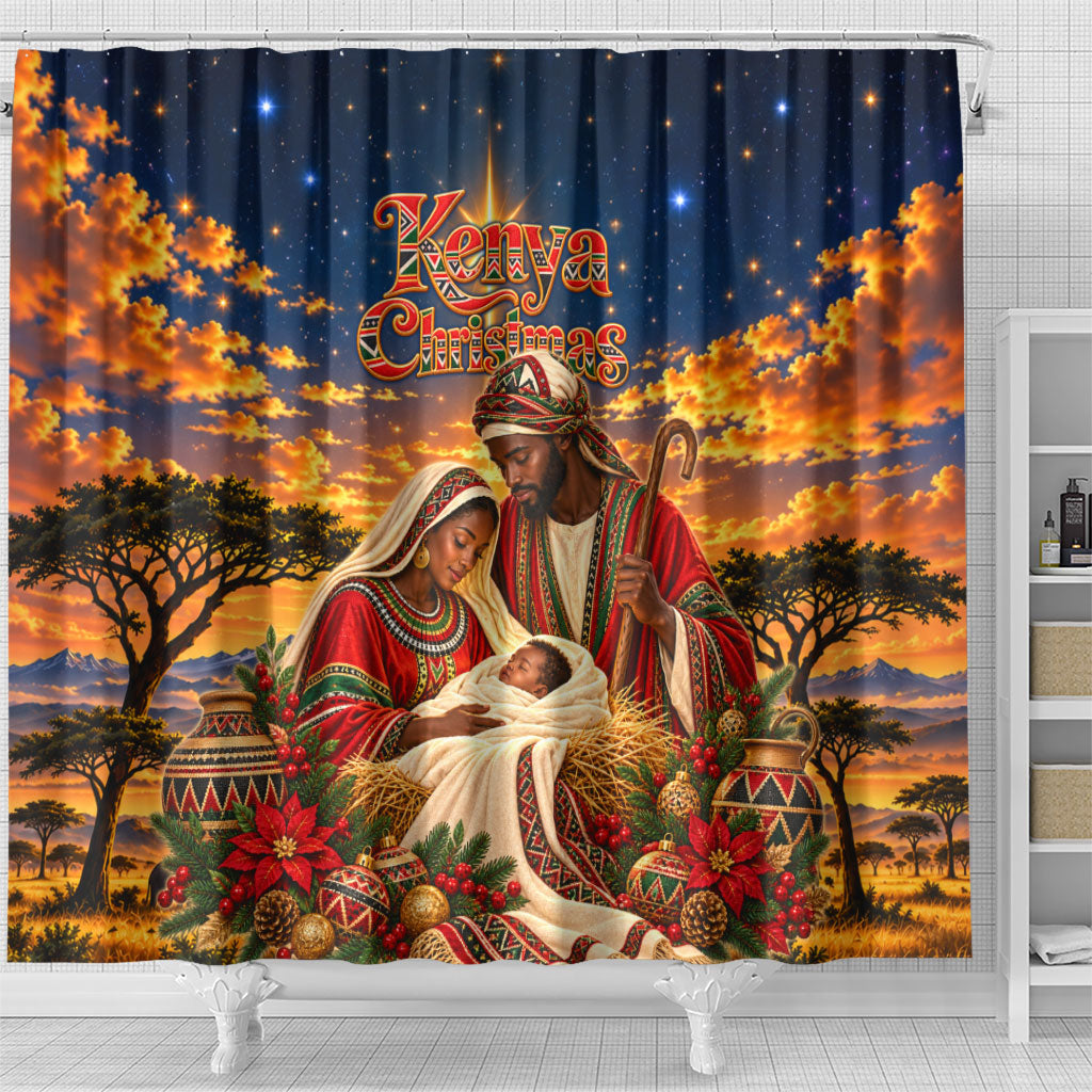 Kenya Christmas African Holy Family Shower Curtain Savanna Sunset Baby Jesus
