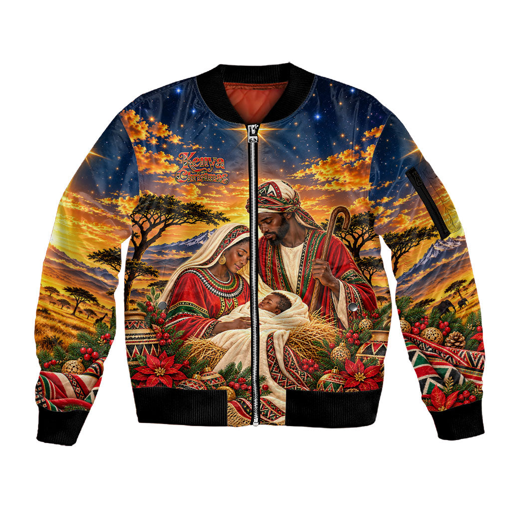 Kenya Christmas African Holy Family Sleeve Zip Bomber Jacket Savanna Sunset Baby Jesus