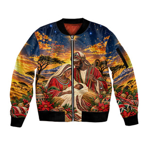Kenya Christmas African Holy Family Sleeve Zip Bomber Jacket Savanna Sunset Baby Jesus