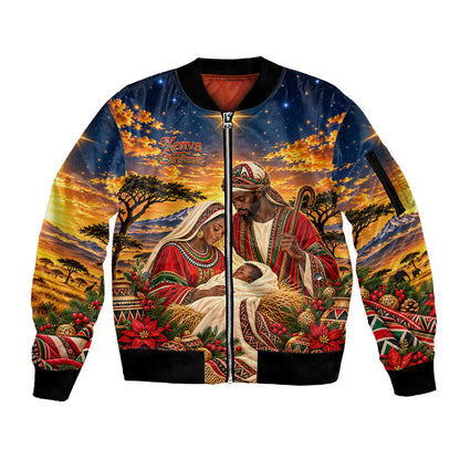 Kenya Christmas African Holy Family Sleeve Zip Bomber Jacket Savanna Sunset Baby Jesus