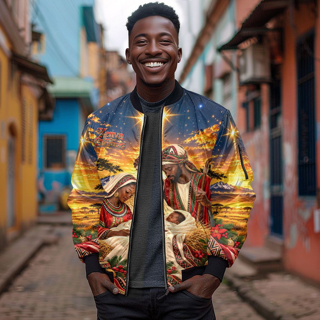 Kenya Christmas African Holy Family Sleeve Zip Bomber Jacket Savanna Sunset Baby Jesus