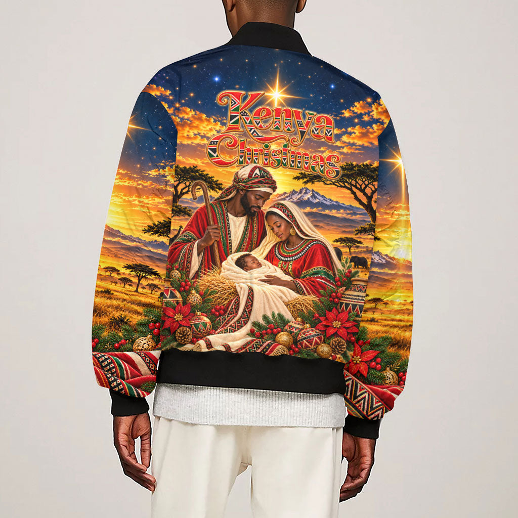 Kenya Christmas African Holy Family Sleeve Zip Bomber Jacket Savanna Sunset Baby Jesus