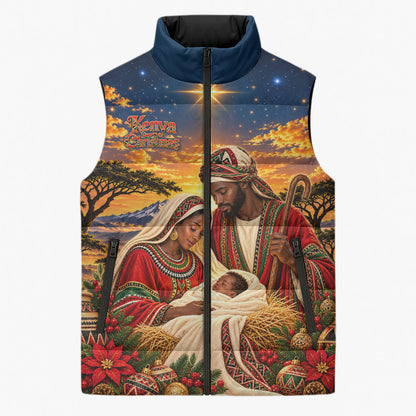 Kenya Christmas African Holy Family Sleeveless Puffer Jacket Savanna Sunset Baby Jesus