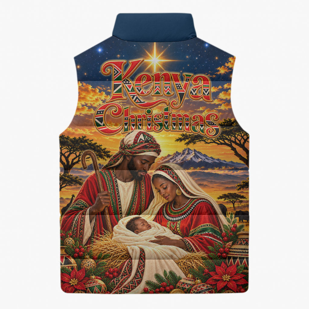 Kenya Christmas African Holy Family Sleeveless Puffer Jacket Savanna Sunset Baby Jesus