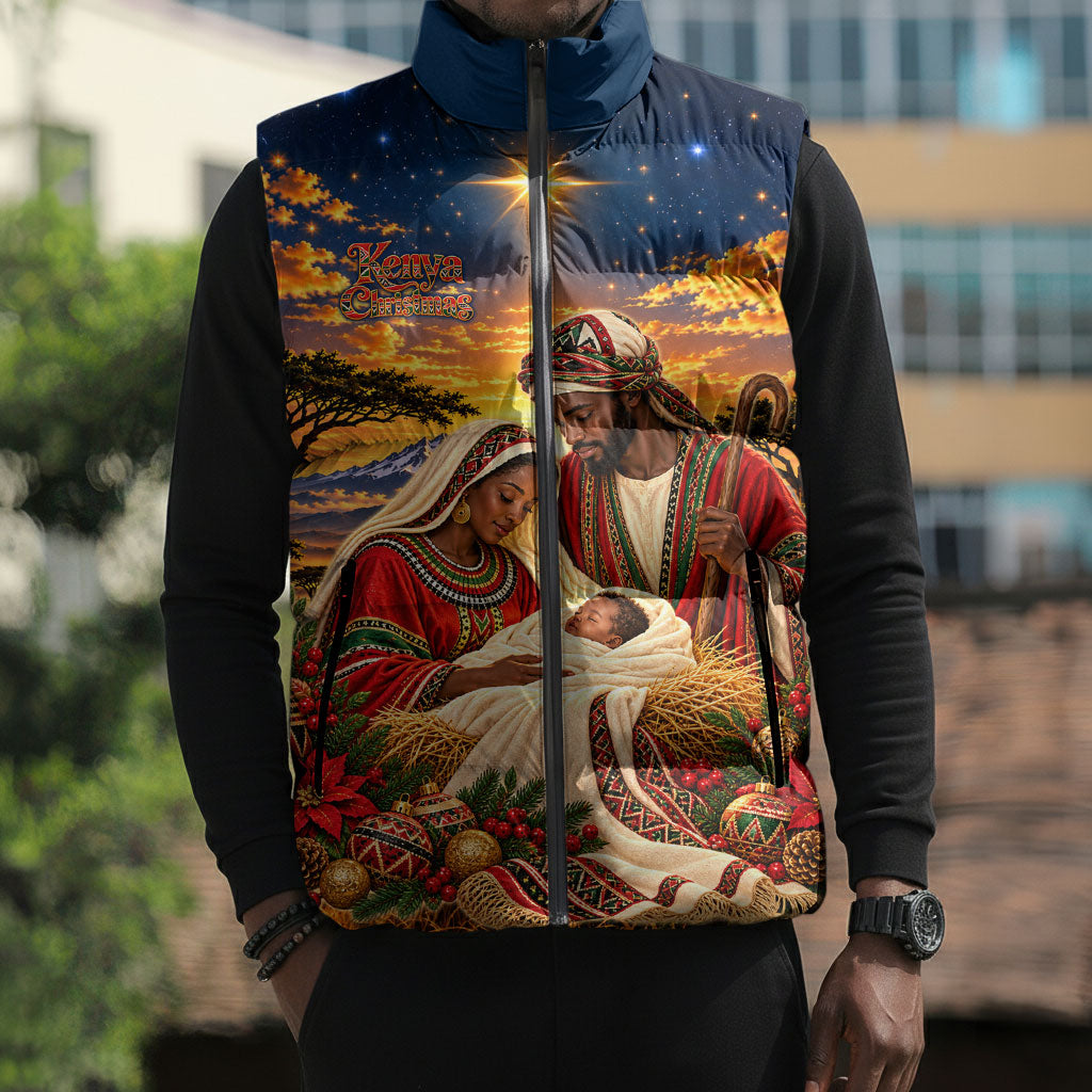 Kenya Christmas African Holy Family Sleeveless Puffer Jacket Savanna Sunset Baby Jesus
