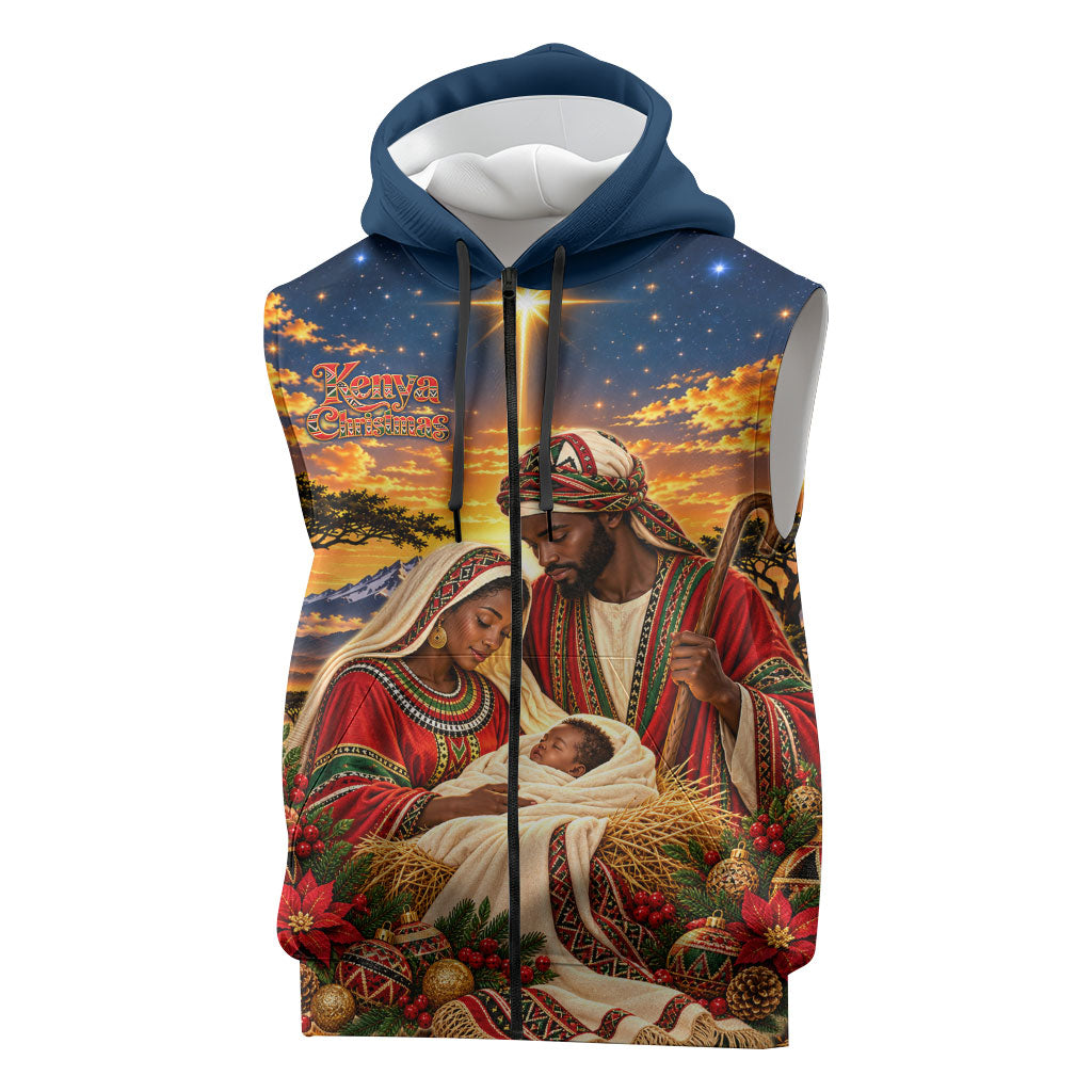 Kenya Christmas African Holy Family Sleeveless Zip Hoodie Savanna Sunset Baby Jesus