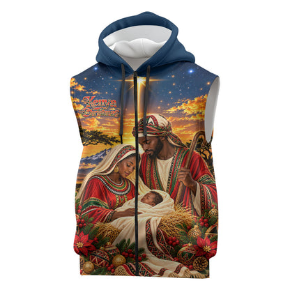 Kenya Christmas African Holy Family Sleeveless Zip Hoodie Savanna Sunset Baby Jesus