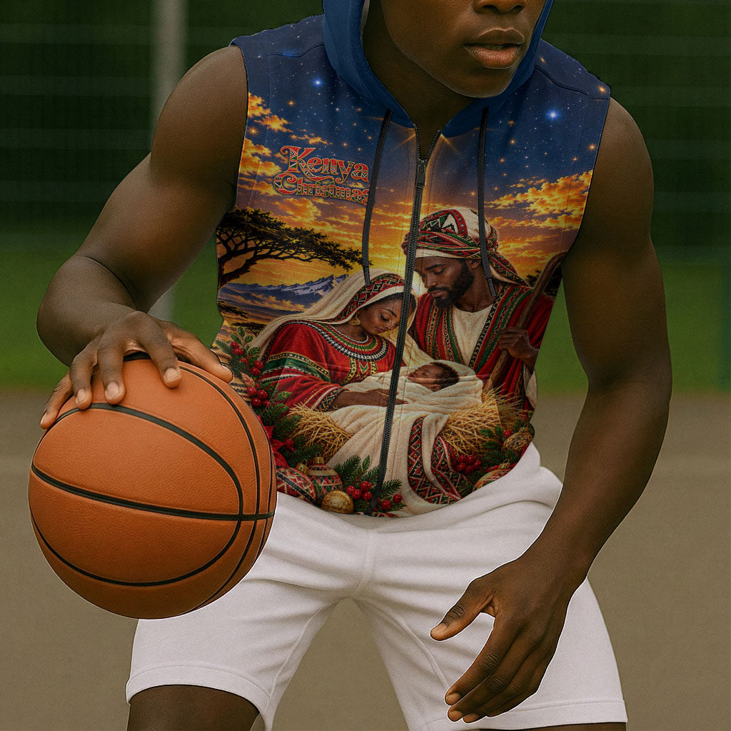 Kenya Christmas African Holy Family Sleeveless Zip Hoodie Savanna Sunset Baby Jesus